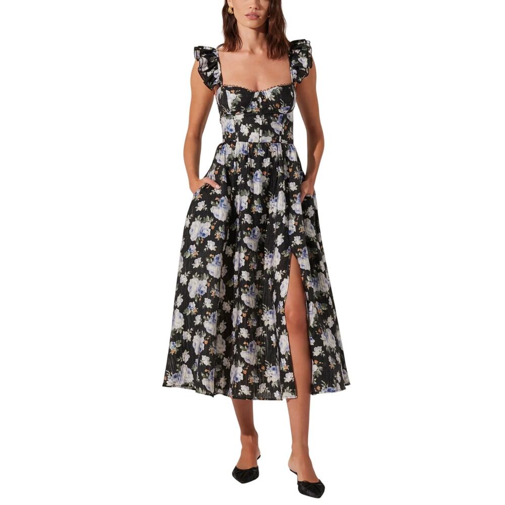 Astr Black Floral Ruffle-Sleeve Midi Dress